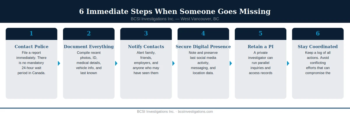 Immediate steps when someone goes missing, checklist graphic, BCSI Investigations