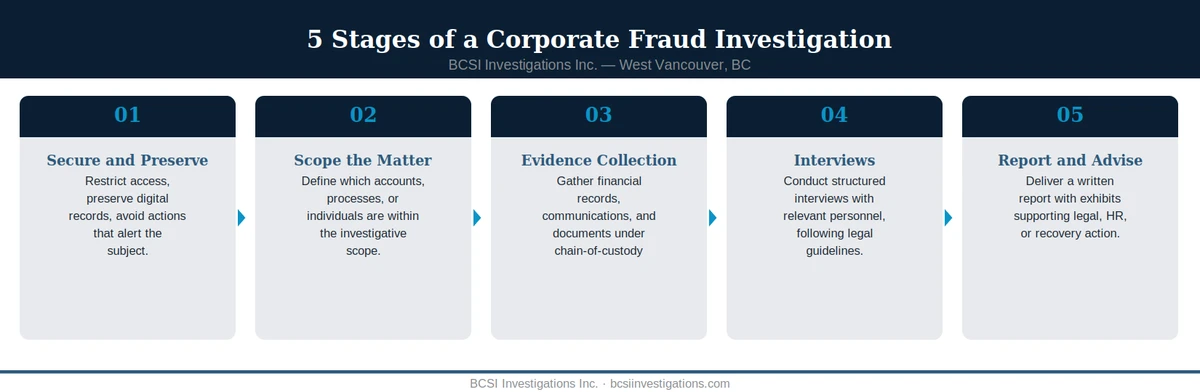 BCSI corporate fraud investigation process, BCSI Investigations